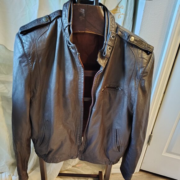 Vintage 1980’s Bomber Collarless Brown Leather Jacket - Picture 1 of 9